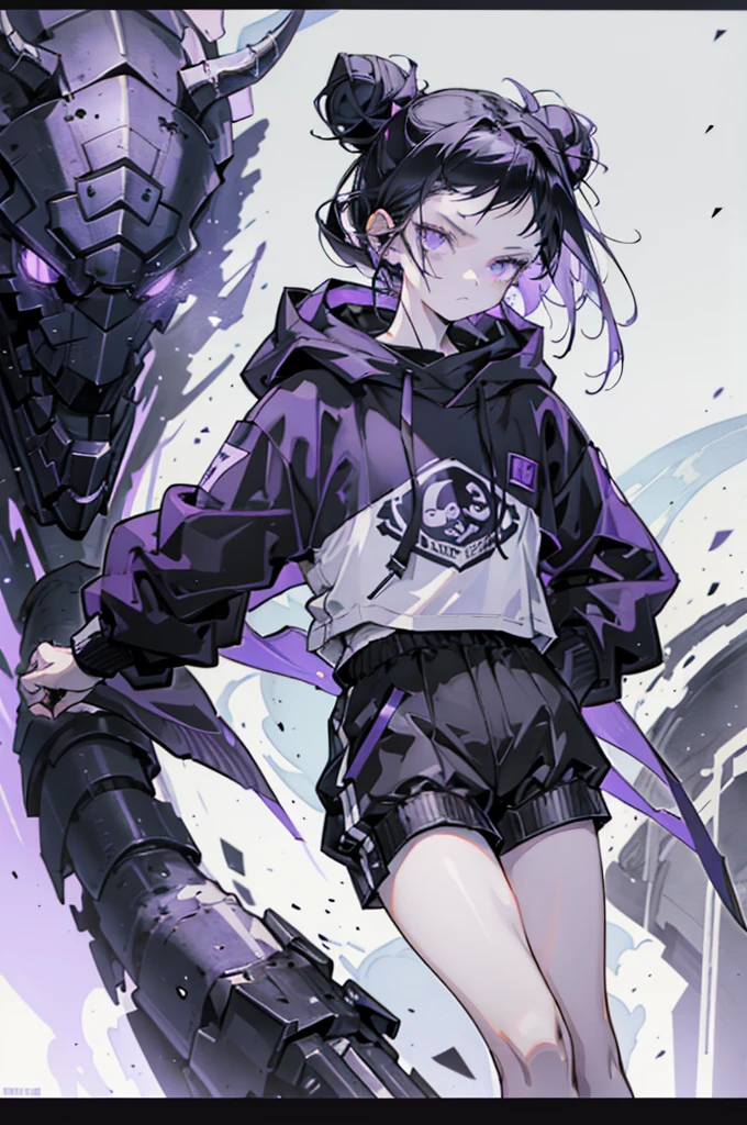 boy. thoughtful look. open forehead. black and purple hair tied in a bun on the left side to one side. sinuous black horns wrapped in dark purple ribbon. pale violet eyes. in short dark purple shorts. long white T-shirt. dark purple knee-high socks. dark_purple long coat with hood. древние dark_purple stone dungeon walls. purple light from lamps on the ceiling beams