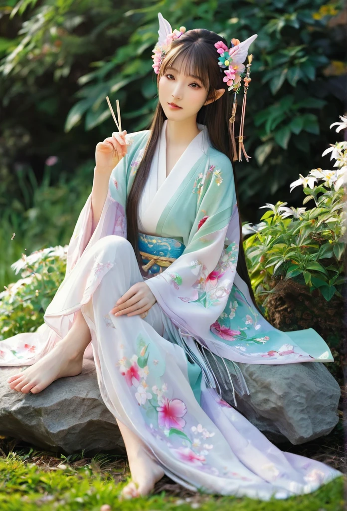 beautiful Japanese elf, (elf ears)perfect and angelic face, long hair, (decorated with flowers) fringe, full body, holding a fan, wearing a beautiful(short kimono)she's sitting on stone surrounded by sparkling flowers (high quality),(refined details)