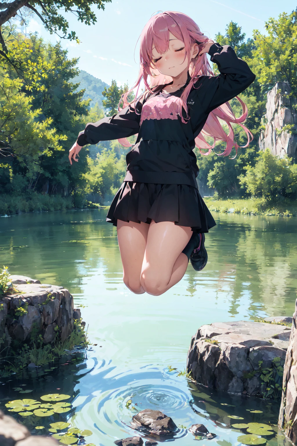 Deep forest, (mysterious girl, pink long hair:1.4), (jumping to small ...