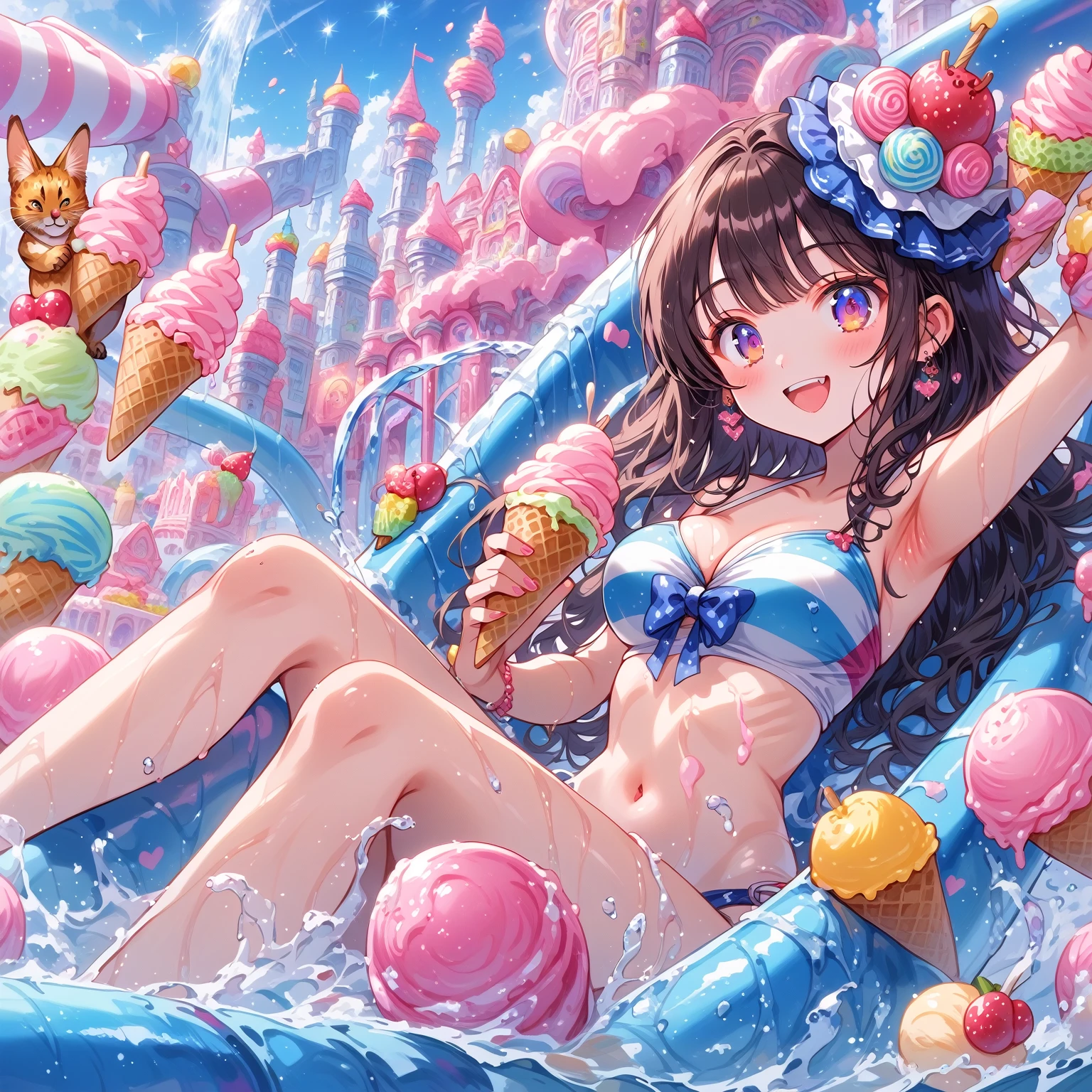 score_9, score_8_up, score_7_up, source_anime,masterpiece, best quality, high resolution, extremely detailed CG, absurdres, highres, A dreamy water park, all the buildings are made of ice-cream, ice cream castle, colorful, girl in swimsuit is sliding down the water slide, happy, neondskdrmsxl, babycreamxl