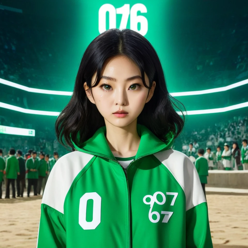 Hoyeon Jung,  korean woman, 1 woman wearing green and white jacket with the number 067 on the top left, netflix, squid game, Kang Sae-byeok, in a stone arena, front view