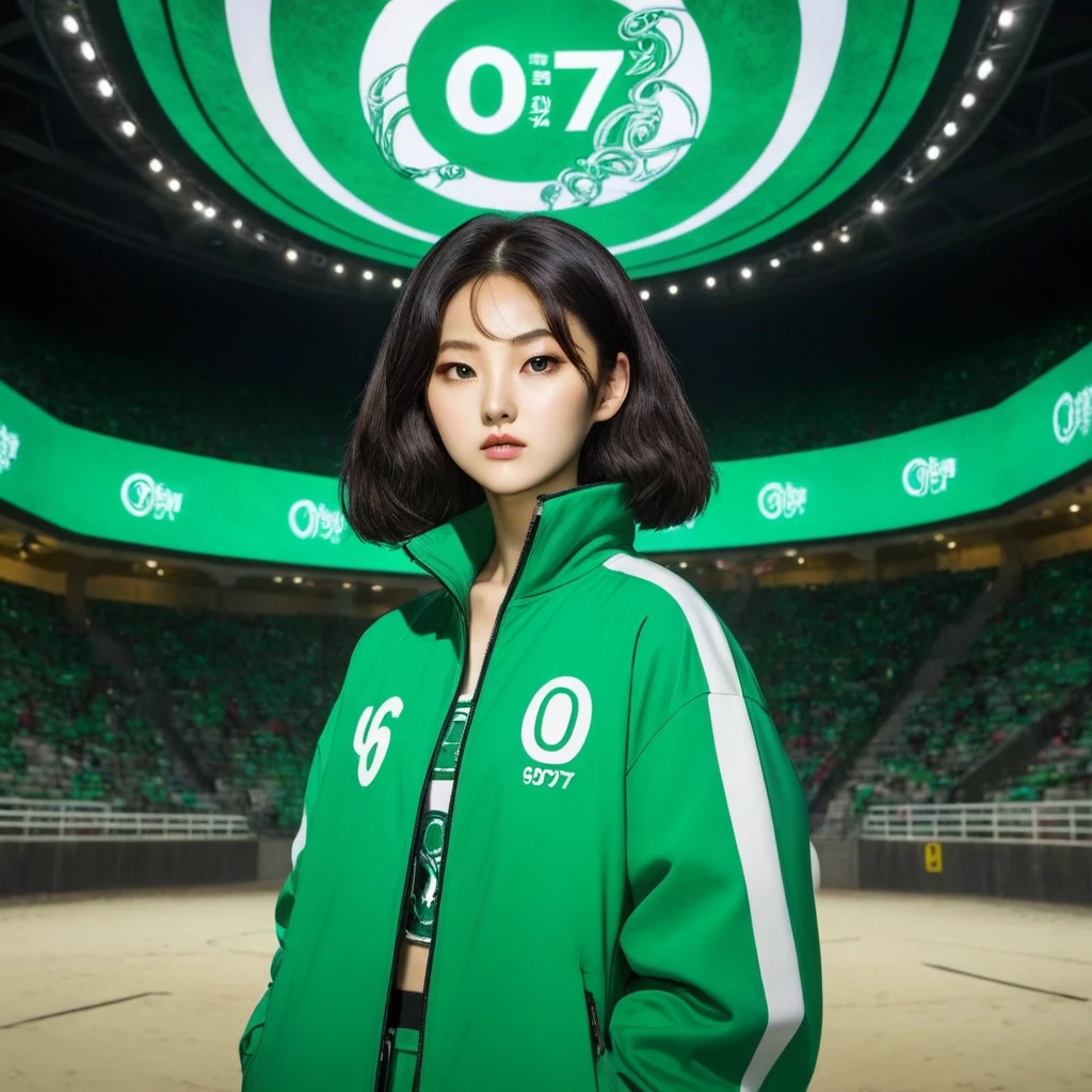 Hoyeon Jung,  korean woman, 1 woman wearing green and white jacket with the number 067 on the top left, netflix, squid game, Kang Sae-byeok, in a stone arena, front view