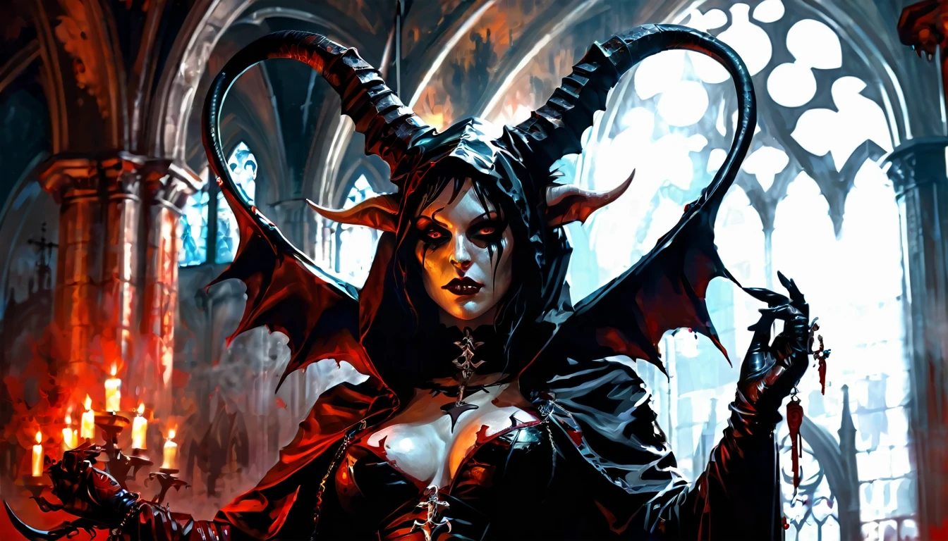 a painting of a holy succubus with horns, gloves, gothic ((mantle)), hood, vampire the masquerade bloodlines, incredible art, gloomy background, nimbus, church ragged vestments, darksketch,