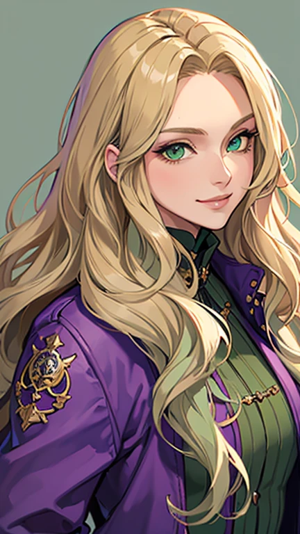 (masterpiece,best quality,ultra-detailed),1 girl,blonde hair,long wavy hair, (cropped jacket), (purple jacket),fantasy clothing,beautiful eyes, ((dark green eyes)),tan skin, (green eyes),(grey theme), confident look, upper body shot,smirk