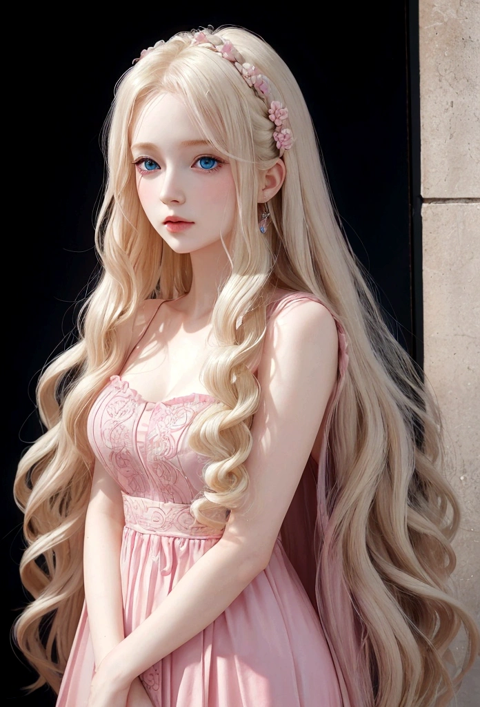 Photo portrait of a young woman, pale skin, big blue eyes, long wavy pale-blonde hair, wearing a pink dress