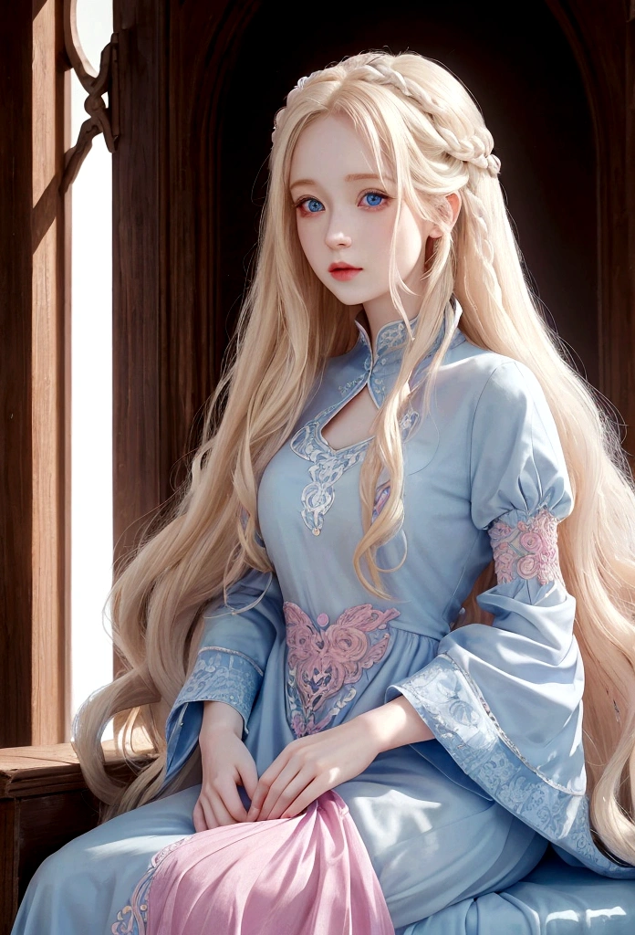Photo portrait of a young woman, pale skin, big blue eyes, long wavy pale-blonde hair, wearing a pink dress