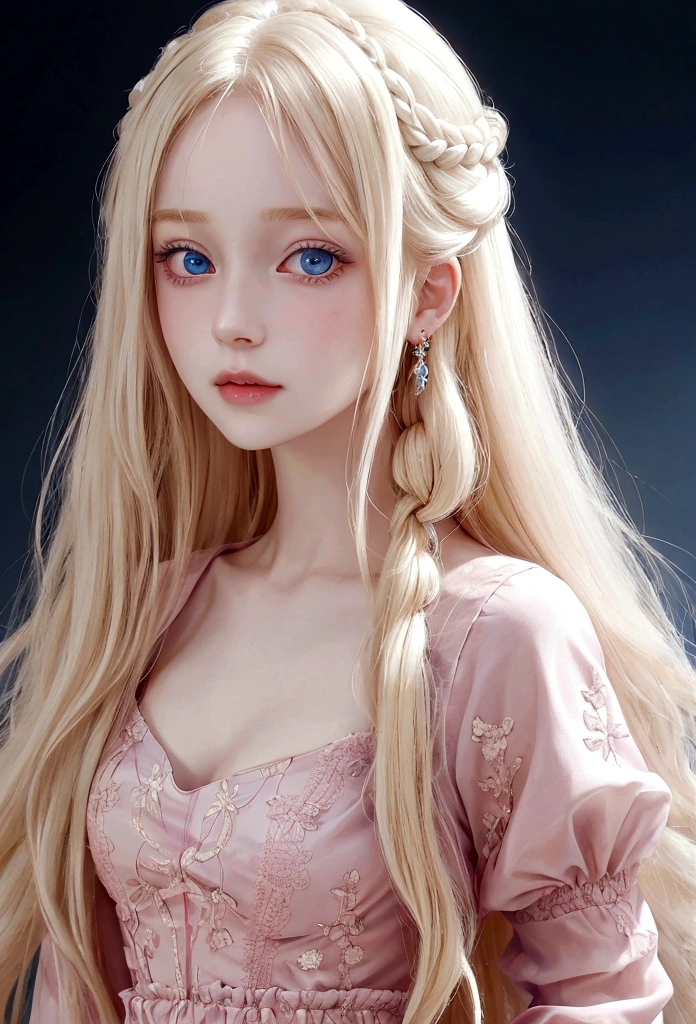 Photo portrait of a young woman, pale skin, big blue eyes, long wavy pale-blonde hair, wearing a pink dress