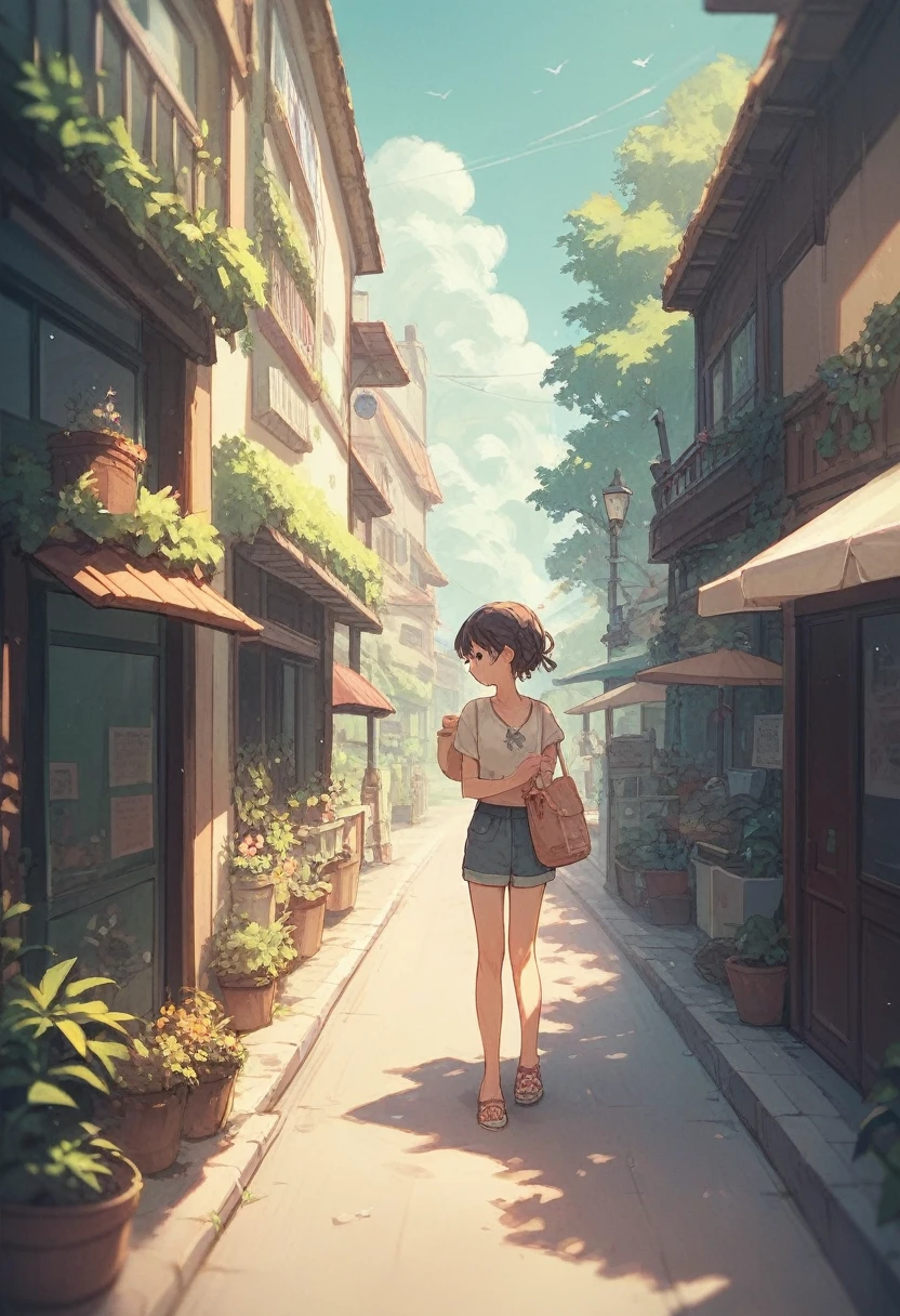 anime girl, casual clothing, cute, summer, outdoors, concept,