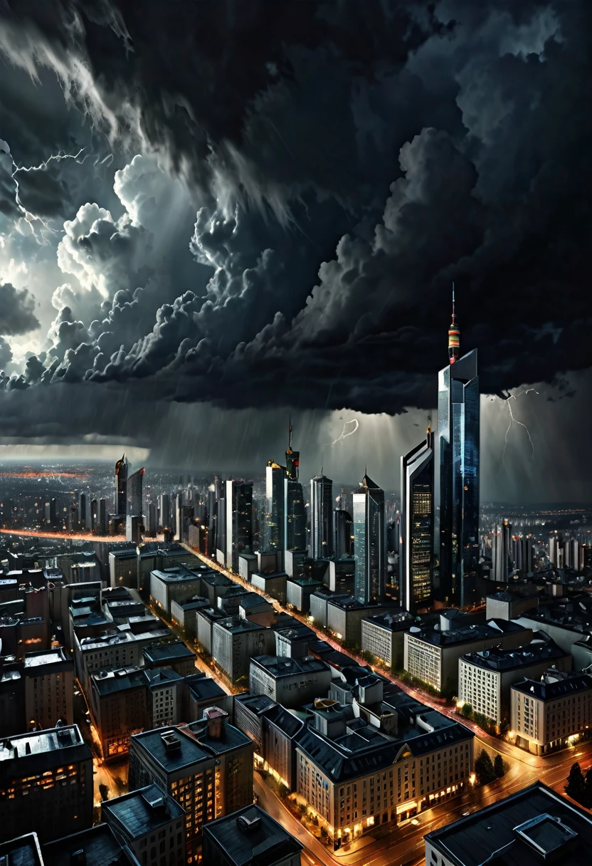 Panoramic view high of a city with skyscrapers, with a stormy cloudy sky, dark fantasy  style from the 70s, with intense German-style romantic painting. Shadows and spectacular lighting.