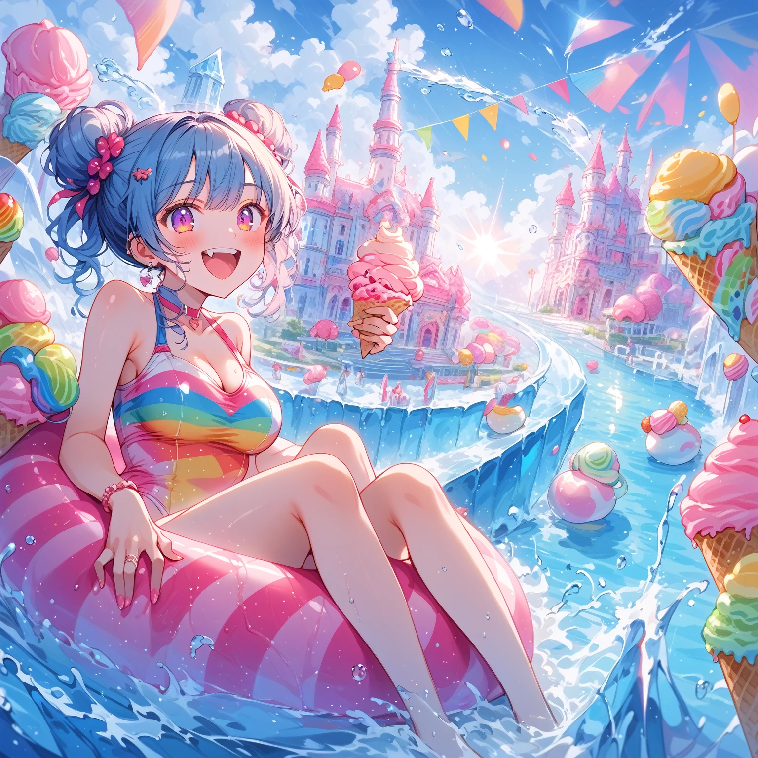 score_9, score_8_up, score_7_up, source_anime,masterpiece, best quality, high resolution, extremely detailed CG, absurdres, highres, A dreamy water park, all the buildings are made of ice-cream, ice cream castle, colorful, girl in swimsuit is sliding down the water slide, happy, neondskdrmsxl, babycreamxl