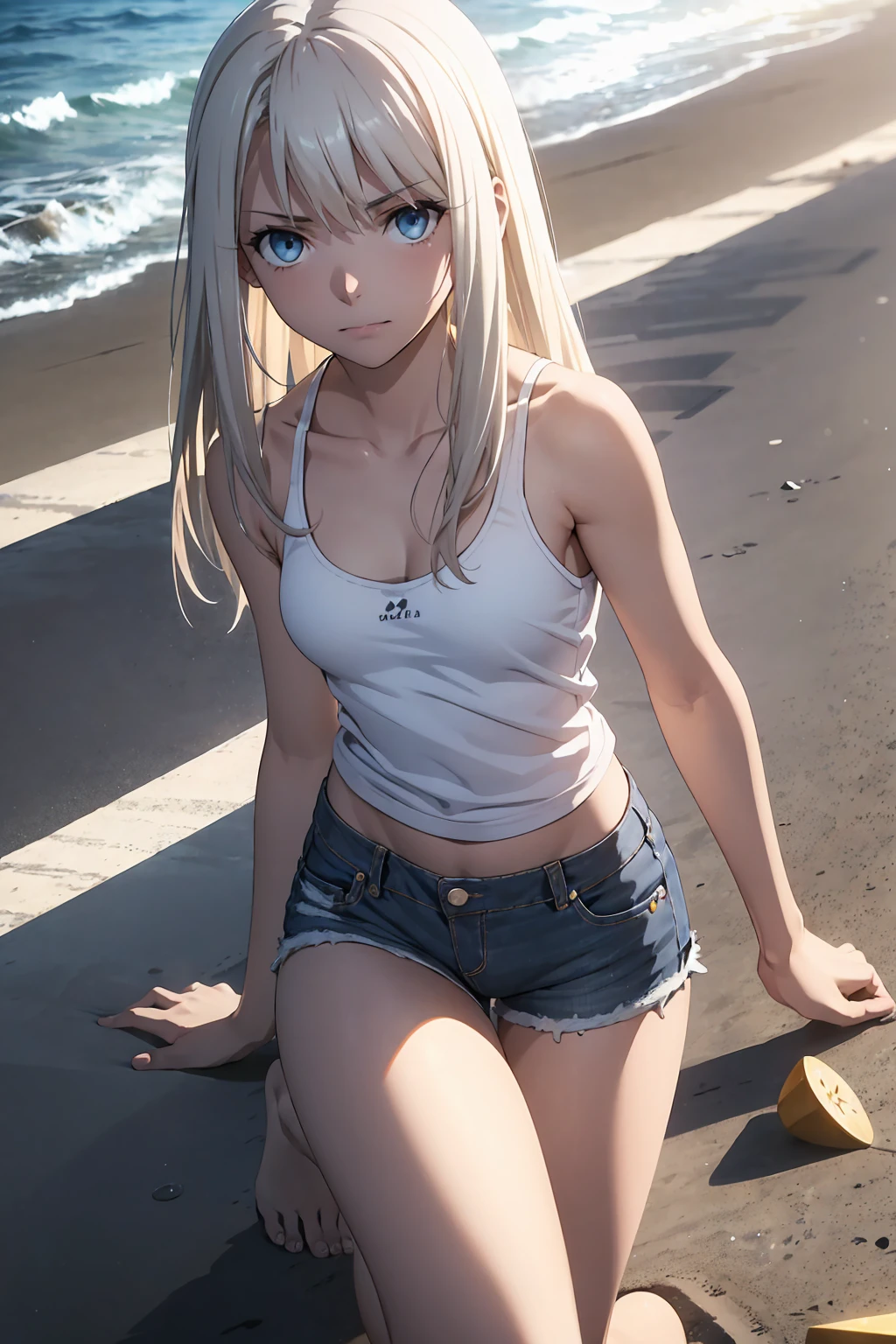 Browsing Caution　(Highest quality:1.5, High resolution, 超High resolution, 4K, Detailed lighting, Shaders)(masterpiece:1.2), Very detailed, Illyasviel von Einzbern　Red colored eyes　alone, Cowboy Shot,Long Hair, Gray Hair, Red eyes, White tank top　Denim shorts　M-shaped foot　sneer　Beautiful beach　Realistic sun rays　Beautiful Armpits　Sweat　Outdoor