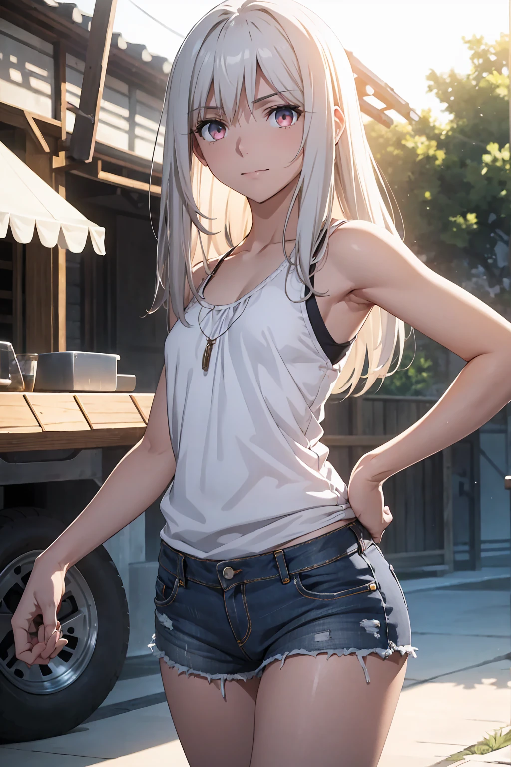 Browsing Caution　(Highest quality:1.5, High resolution, 超High resolution, 4K, Detailed lighting, Shaders)(masterpiece:1.2), Very detailed, Illyasviel von Einzbern　Red colored eyes　alone, Cowboy Shot,Long Hair, Gray Hair, Red eyes, White tank top　Denim shorts　M-shaped foot　sneer　Beautiful beach　Realistic sun rays　Beautiful Armpits　Sweat　Outdoor