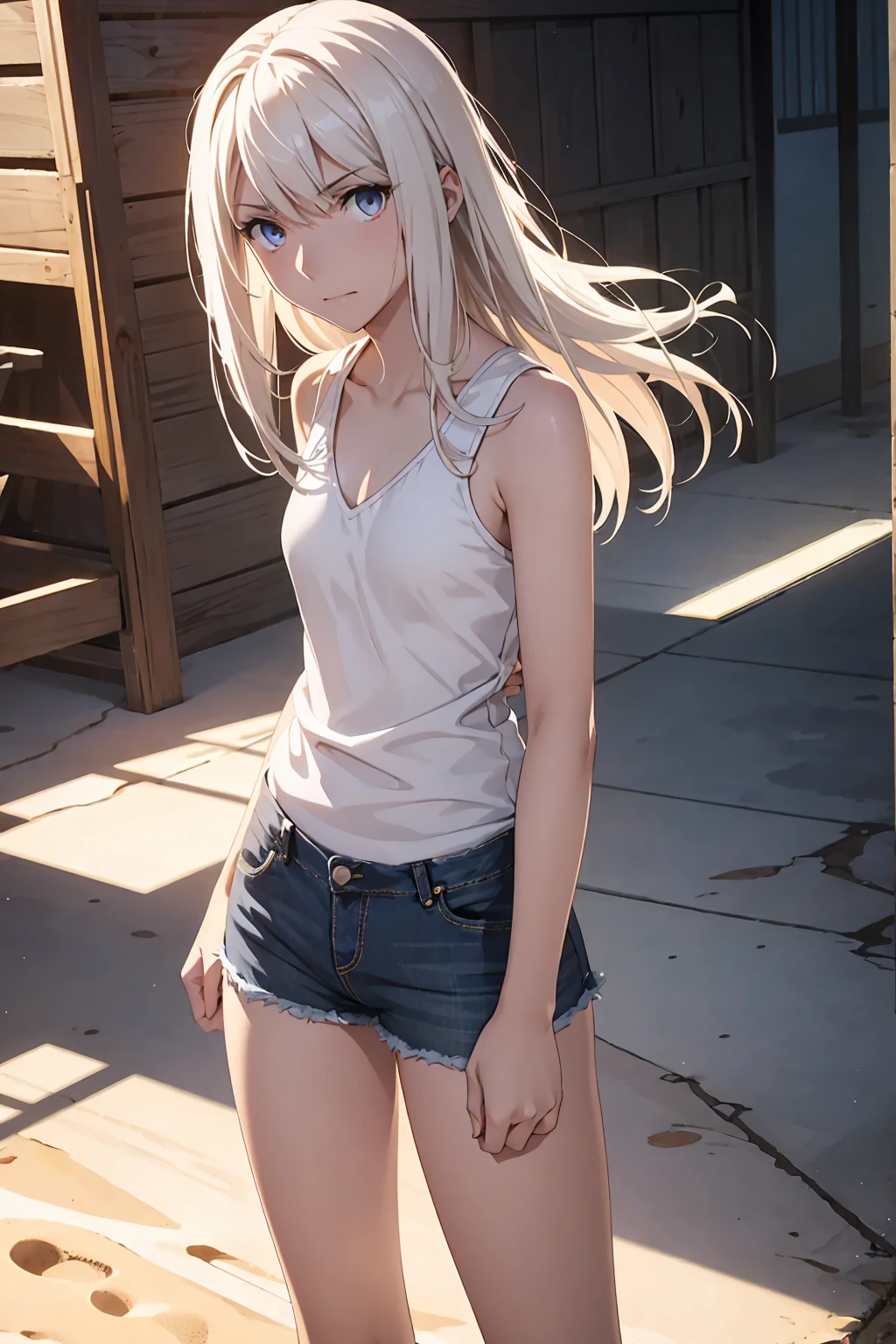 Browsing Caution　(Highest quality:1.5, High resolution, 超High resolution, 4K, Detailed lighting, Shaders)(masterpiece:1.2), Very detailed, Illyasviel von Einzbern　Red colored eyes　alone, Cowboy Shot,Long Hair, Gray Hair, Red eyes, White tank top　Denim shorts　M-shaped foot　sneer　Beautiful beach　Realistic sun rays　Beautiful Armpits　Sweat　Outdoor