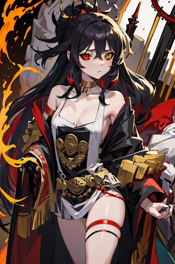 Female, Anime, Heterochromia, Melinoë from Hades II, black long hair, ponytail, greek style toga, "red eye on black sclera", small bust size, green eye on white sclera,