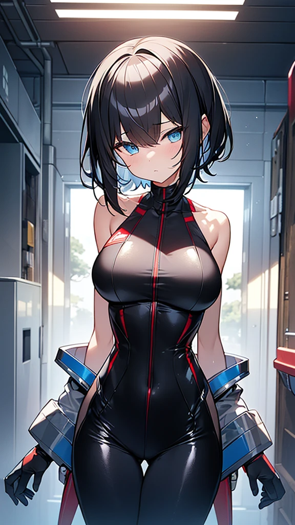 (Highly detailed CG Unity 32k wallpaper,masterpiece, Biological, whole body),(Best lighting, Best Shadow, Very delicate and beautiful),(One girl),blue eyes, Big Breasts, Black Hair,Bobcut,Red and black and White off-the-shoulder revealing high-cut SF bodysuit,One-piece swimsuit-style clothing,Clothes that emphasize the chest,Neck Seal,High-tech sci-fi corridor, Dynamic pose, Detailed Machinery, Sleek design.,My crotch is wet, {{An extraterrestrial lifeform preys on girls and takes their place、Her breasts are bigger than a real girl&#39;s、Suitable for the mother}}, Unknown sensation, Feels good, Vigorous movement, more, instinct, Female fall, Bouncing chest, loose, loose, Next to a real girl skeleton, NSFW