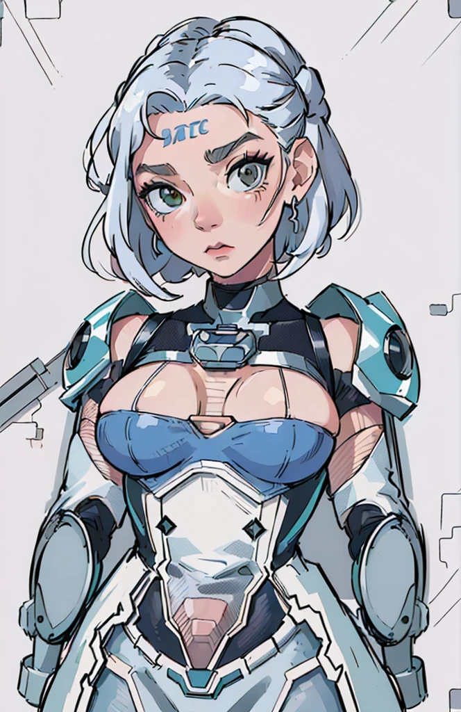 Anime - Styled woman in a futuristic suit with a big breast, cyborg - girl with silver hair, cute cyborg girl, mulher ciborgue de アニメ perfeita, cyborg - girl, アニメ mangá robô!!  アニメ, cyborg girl, linda cyborg girl, アニメ robótico misturado com orgânico, アニメ cyborg, robot girl, perfect android girl, girl with mecha cybernetic armor