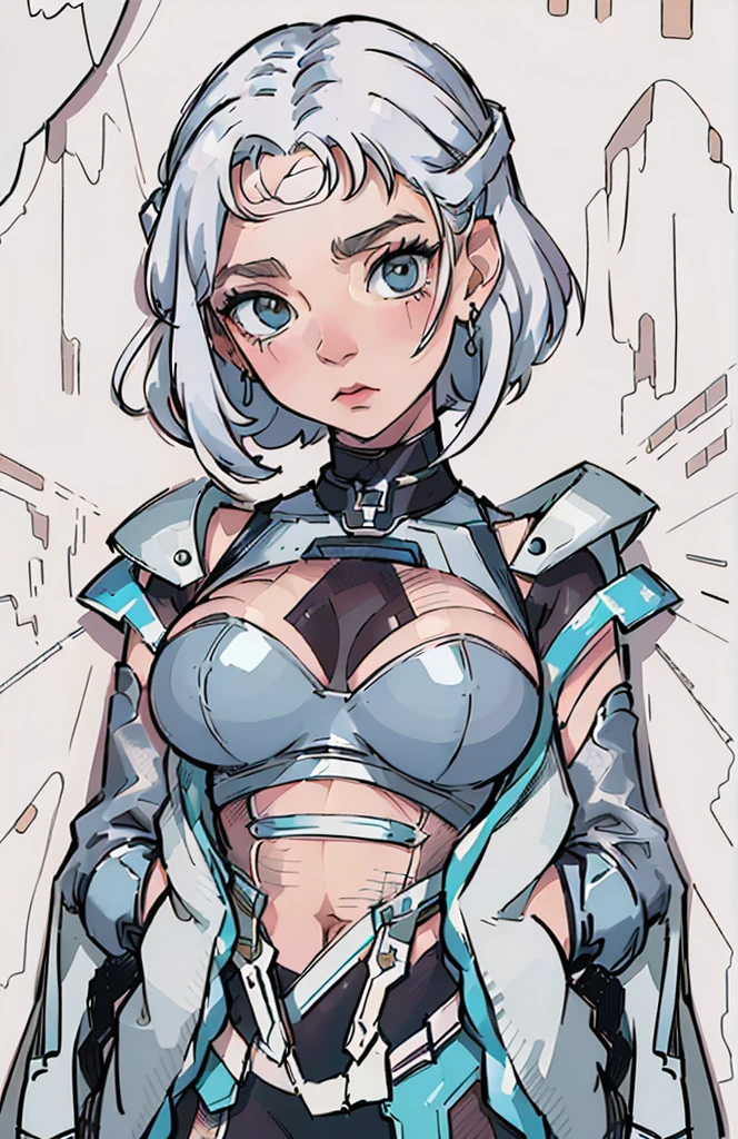 Anime - Styled woman in a futuristic suit with a big breast, cyborg - girl with silver hair, cute cyborg girl, mulher ciborgue de アニメ perfeita, cyborg - girl, アニメ mangá robô!!  アニメ, cyborg girl, linda cyborg girl, アニメ robótico misturado com orgânico, アニメ cyborg, robot girl, perfect android girl, girl with mecha cybernetic armor