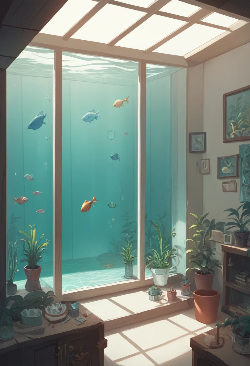 aquarium, room, simple room concept, white transparent walls, pretty room, walls mad of glass, water, caustics, light shining through window,