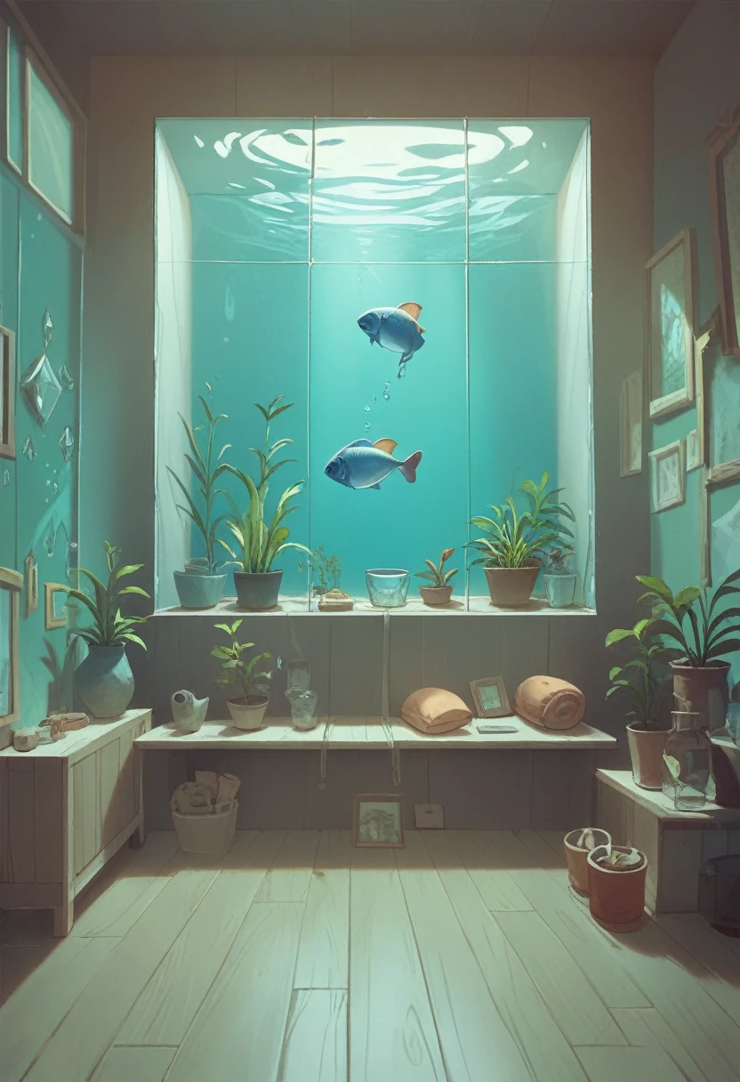 aquarium, room, simple room concept, white transparent walls, pretty room, walls mad of glass, water, caustics, light shining through window,