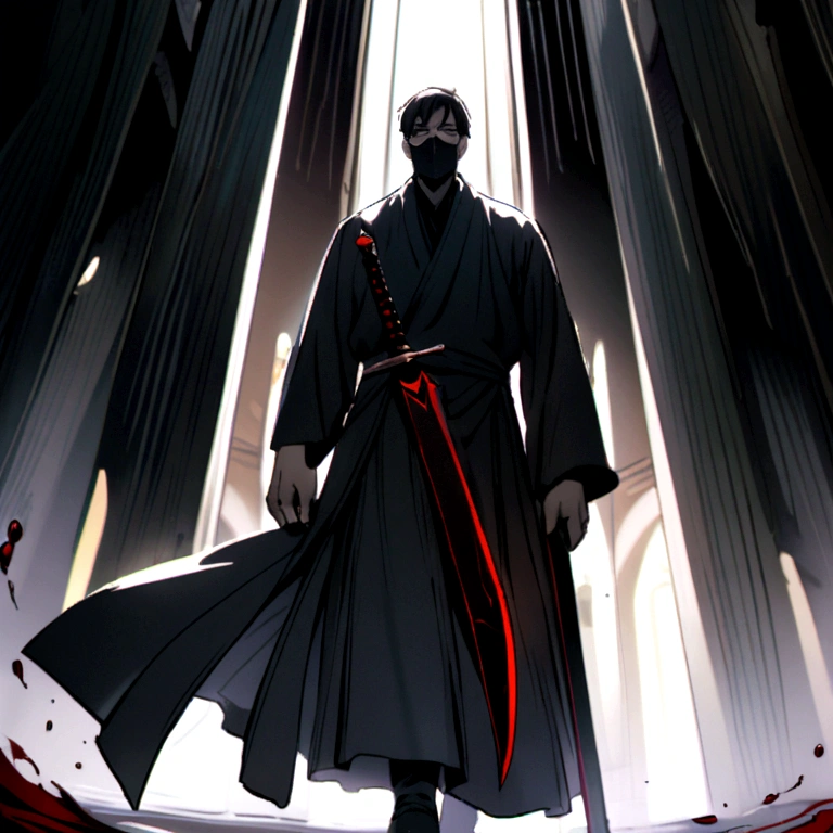 a man wearing a black robe and black mask holding a blood-stained sword