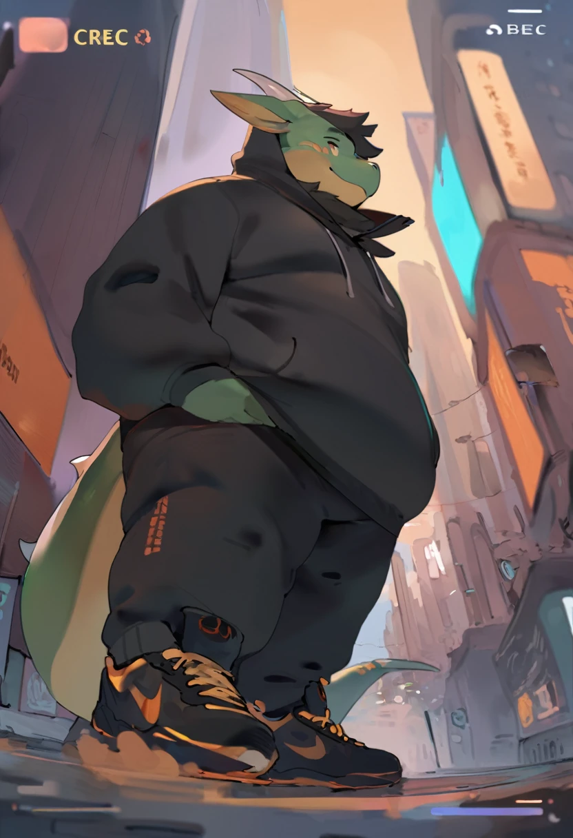Dragon, male, adult, furry, anthro, fat, chubby, plump, cyberpunk fashion style, wearing black Hoodie, Long trousers, sneakers, out camera view, background, colour full, In the middle of the city, Modern era, three point perspective, by quanjiang ,by chunie