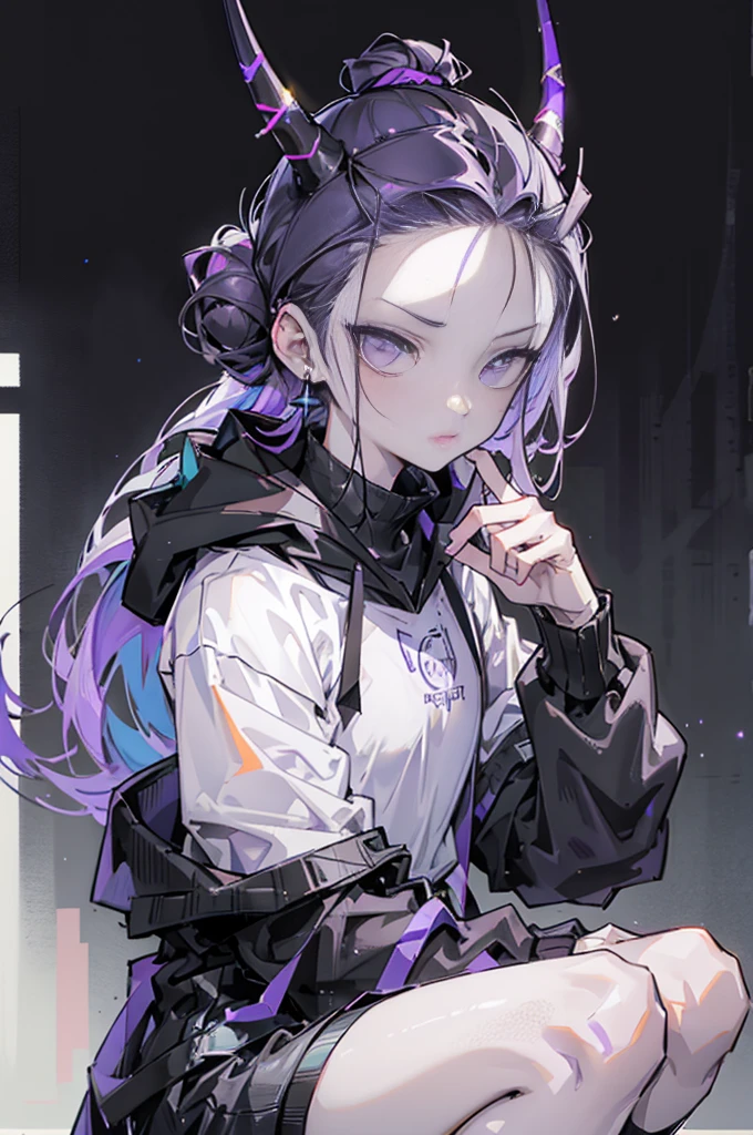 boy. thoughtful look. open forehead. black and purple hair tied in a bun on the left side to one side. sinuous black horns wrapped in dark purple ribbon. pale violet eyes. in short dark purple shorts. long white T-shirt. dark purple knee-high socks. dark purple long cloak with hood. view from the 100th floor of a cozy gray room, moon starry sky
