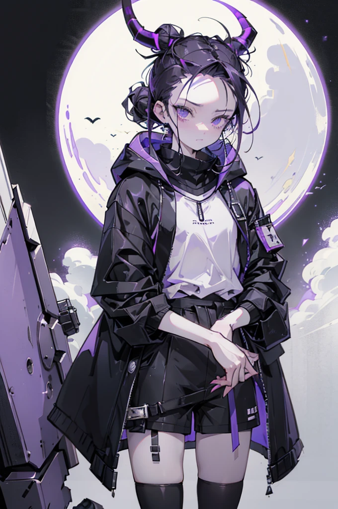 boy. thoughtful look. open forehead. black and purple hair tied in a bun on the left side to one side. sinuous black horns wrapped in dark purple ribbon. pale violet eyes. in short dark purple shorts. long white T-shirt. dark purple knee-high socks. dark purple long cloak with hood. view from the 100th floor of a cozy gray room, moon starry sky