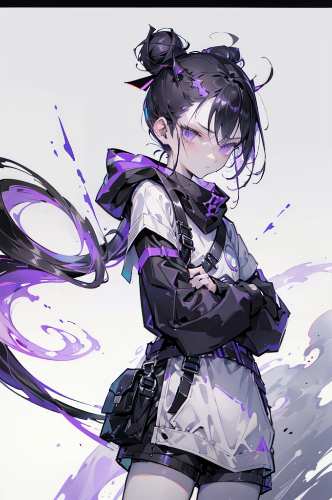 boy. thoughtful look. open forehead. black and purple hair tied in a bun on the left side to one side. sinuous black horns wrapped in dark purple ribbon. pale violet eyes. in short dark purple shorts. long white T-shirt. dark purple knee-high socks. dark purple long cloak with hood. view from the 100th floor of a cozy gray room, moon starry sky