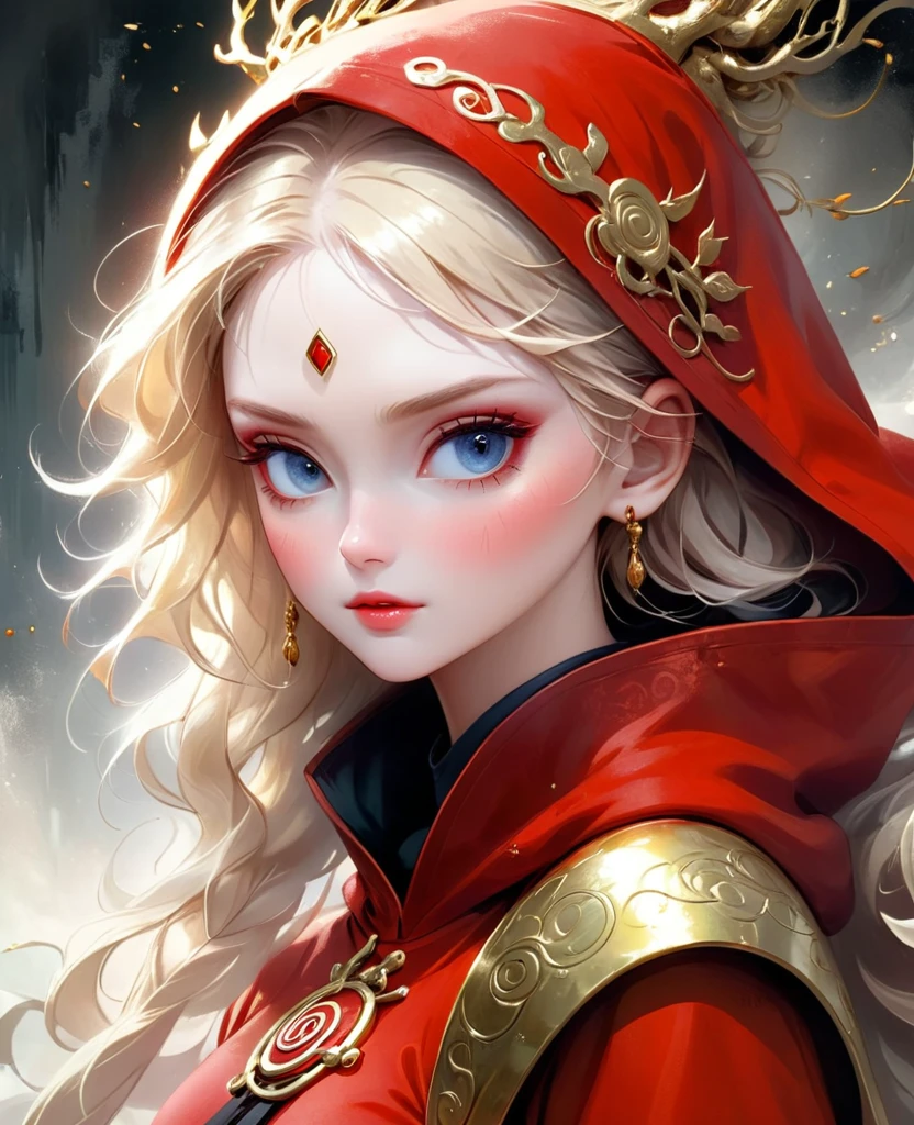 Photorealistic digital painting, modern girl sexy Naruto + elza frozen sexy sorrindo with the image of a black Monk in a pleasing mix, taking inspiration from detailed forms of, dressed in an illustrious red black gold jaketa Hood red enhanced by the artistic styling of artists like Jose Royo, Boris Vallejo, Julie Bell, Carne Griffiths, Benedick Bana, Brian Froud, Eric Wallis, combines the mystique of fantasy