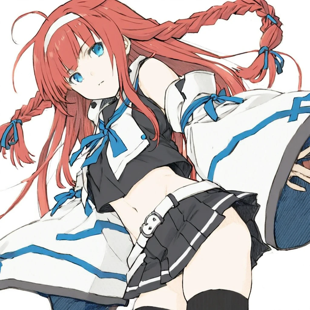 1girl, kawakaze from kantai collection, red hair, long hair, bangs, braids, red hair ribbons, blue eyes, white hairband, black thigh highs, black pleated miniskirt,white belt, black shirt, white colar, blue neck ribbon, detached sleeves, open navel, high quality, high resolution, best quality, by sadamoto yoshiyuki