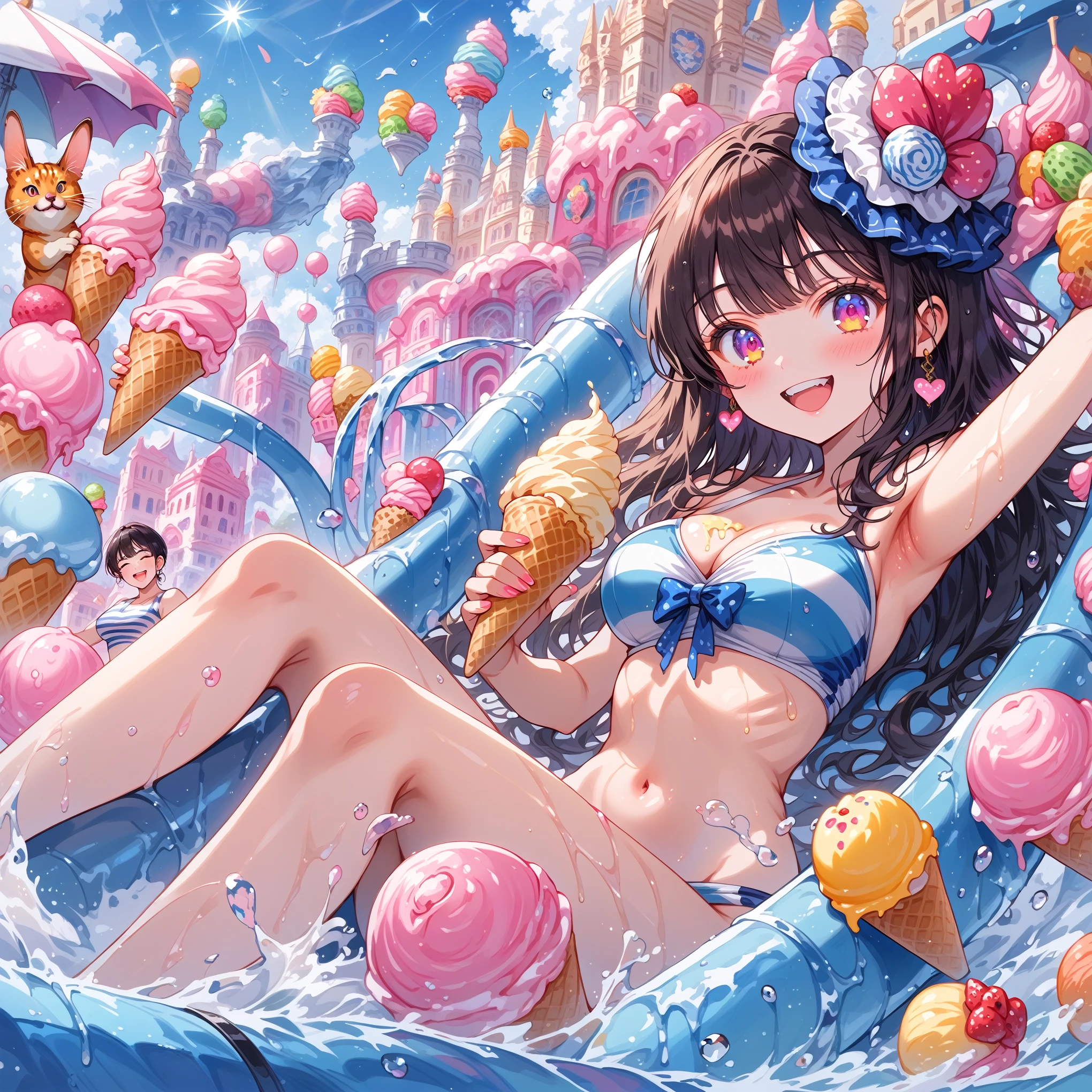 score_9, score_8_up, score_7_up, source_anime,masterpiece, best quality, high resolution, extremely detailed CG, absurdres, highres, A dreamy water park, all the buildings are made of ice-cream, ice cream castle, colorful, girl in swimsuit is sliding down the water slide, happy, neondskdrmsxl, babycreamxl