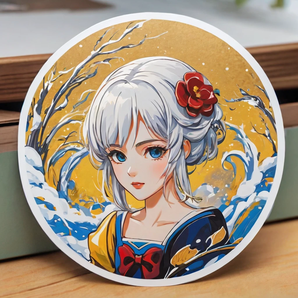 (a sticker,),(3D anime gojo),snow-white hair,(In circlerown background), (pollock border)（oil painting style）， ultra - detailed, best quality, Detailed diagram, vectorized, 8K, Professional a sticker design, Graphic design, vector lines, a sticker, Full-HD