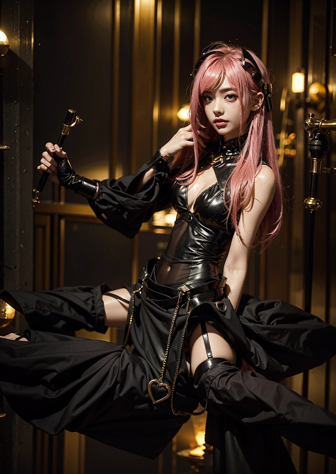 Highest quality、Surreal、Perfect Anatomy、In the middle of a crowded arena、Surrounded by spectators、Crowd、Wet and shiny white skin、Sweat dripping all over the body、Slender model figure、Ahegao、Golden and pink hair、soaked、Super small face、Collars and Leads、Cyberpunk Girl、photo shoot、Black Japanese sword、Black micro bikini、latex、Heart decoration、Cleavage、Dripping blood、Intricate, luminous mechanical parts、