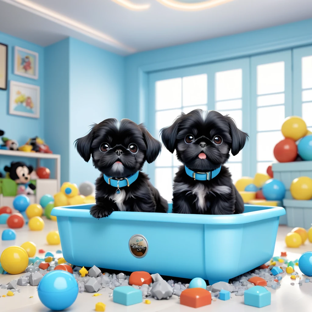 2 Adorable small black Shih Tzu puppies wearing light blue collars, making a mess in Disney toy room 3d cartoon, 3d render, disney pixar style