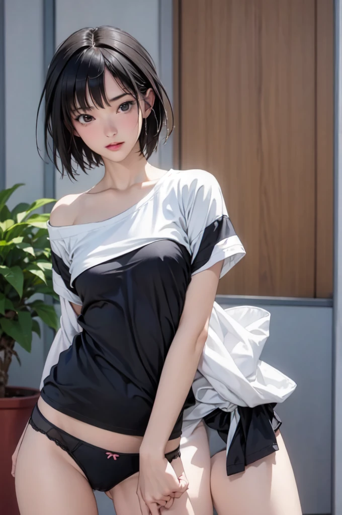 ((masterpiece, best quality)),((high resolution:1.3)), 1 Girl, solo, Cowboy Shot, Blurred Background, (((Small breasts))), Thighs, (underwear), ((T-Shirts)), Off shoulder, short hair