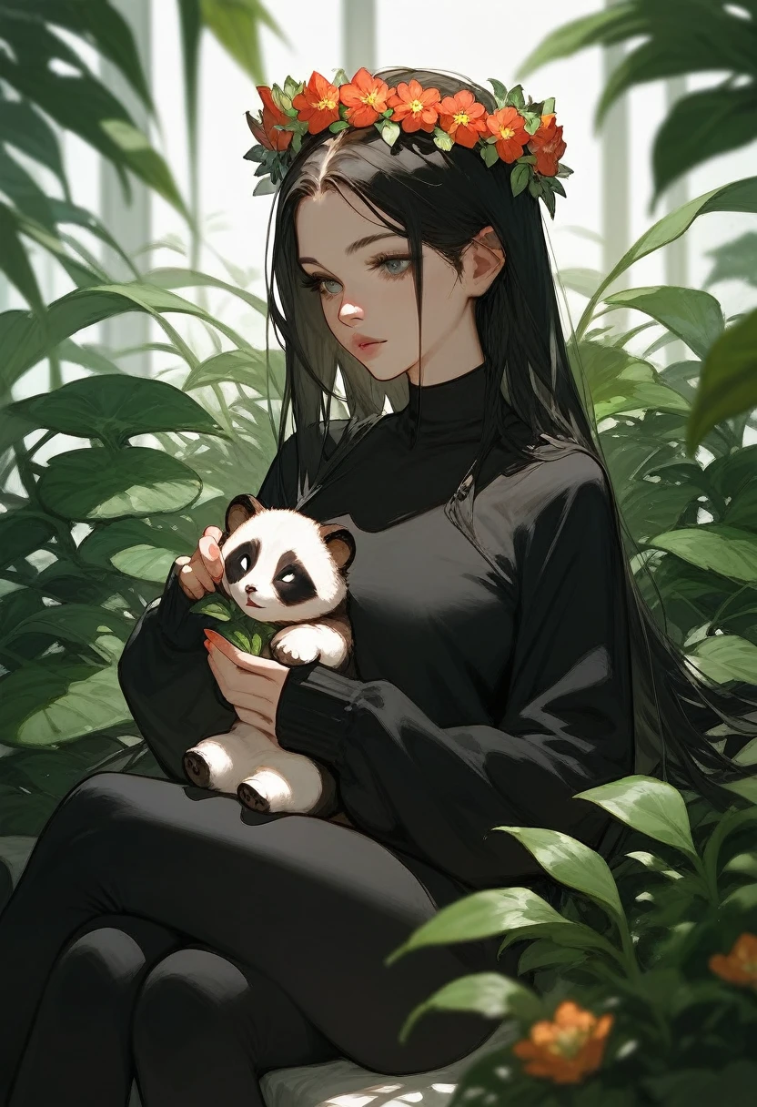 Black long hair, flower crown, sleeves, Black plants, sitting, holding panda,lips, Black eyea, black shirt