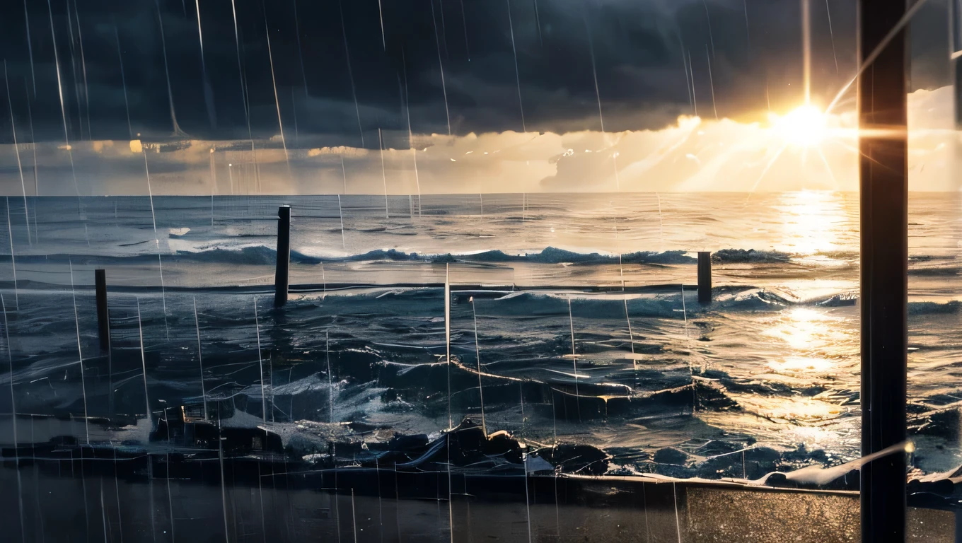 Sunshine through the rain beetween dark cloudy sky in the evening, no one in the picture