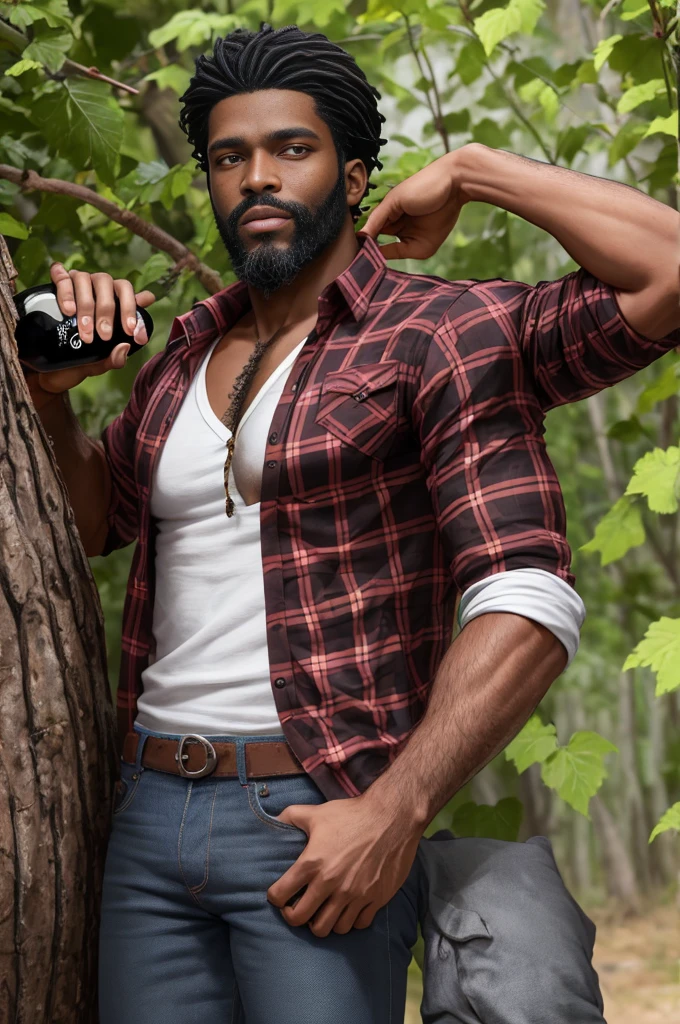 fuhrerdoodles style painting of a rugged lumberjack wearing an open plaid shirt and jeans bottle of wine in one hand standing in the jungle, beautiful eyes, black beard, black hair, detailed , sexy pose