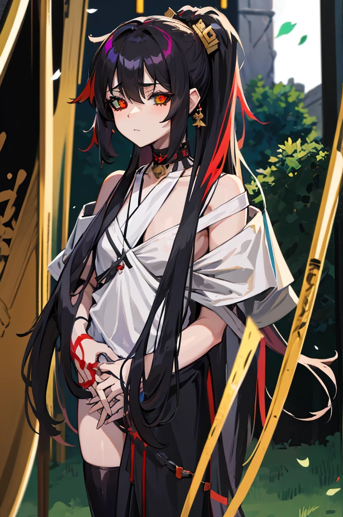 Female, Anime, Heterochromia, Melinoë from Hades II, black long hair, ponytail, greek style toga, "red eye on black sclera", small bust size, "green eye on white sclera",