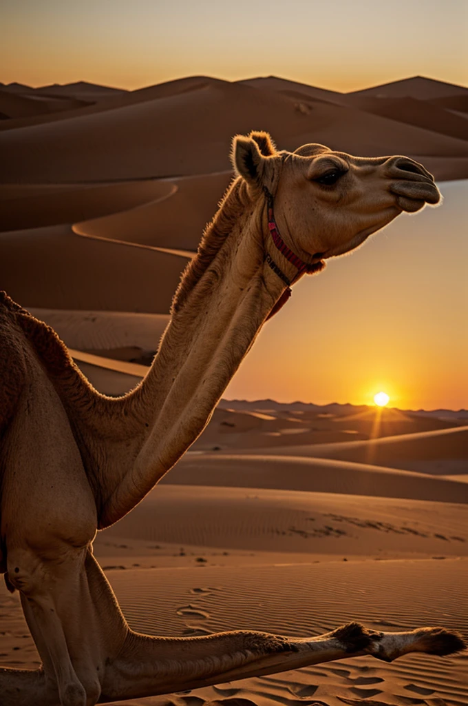 A camel at desert sunset
