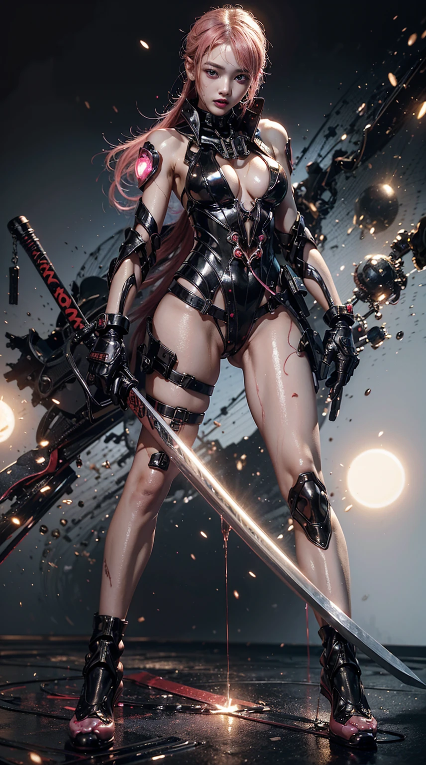 Highest quality、Surreal、Perfect Anatomy、In the middle of a crowded arena、Surrounded by spectators、Crowd、Wet and shiny white skin、Sweat dripping all over the body、Slender model figure、Ahegao、Golden and pink hair、soaked、Super small face、Collars and Leads、Cyberpunk Girl、photo shoot、Black Japanese sword、Black micro bikini、latex、Heart decoration、Cleavage、Dripping blood、Intricate, luminous mechanical parts、