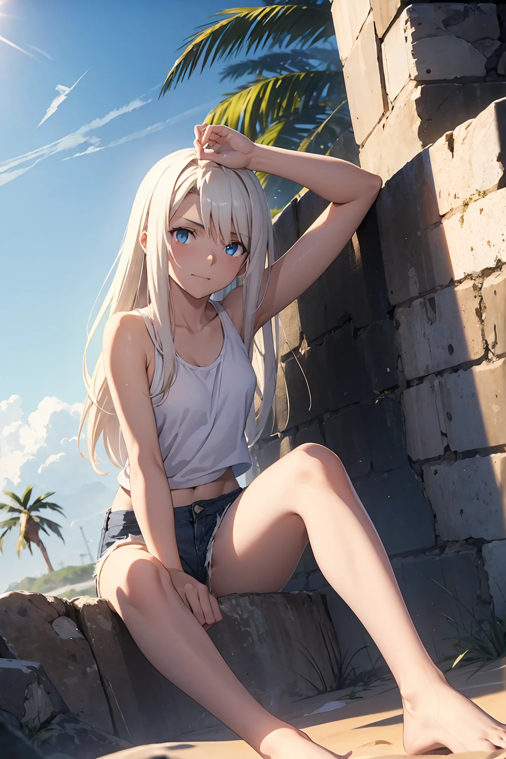 Browsing Caution　(Highest quality:1.5, High resolution, 超High resolution, 4K, Detailed lighting, Shaders)(masterpiece:1.2), Very detailed, Illyasviel von Einzbern　{{Red colored eyes}}++　alone, Cowboy Shot,Long Hair, Gray Hair, Red eyes, White tank top　Denim shorts　M-shaped foot　sneer　Beautiful beach　Realistic sun rays　topless　Completely naked　Roll up your shirt　Sweat　Outdoor