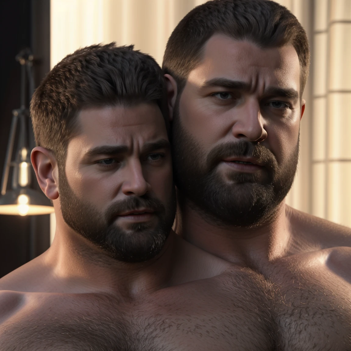 8KUHD Very Realistic Very Detailed High Quality Create a professional studio-style photograph featuring two middle-aged, burly, hairy, beared big daddy bear, and very realistic detailed rugged burly man and his husband in shorts. beards, very realistic hair, very realistic beards, very realistic thick chubby neck, very realistic neck lines, very realistic belly, very realistic burly chest, very realistic burly strong chest and arms, very realistic detailed hairy burly chest and arms, very realistic pecs, very realistic burly body, very realistic nipples, very realistic burly body, very realistic face, very realistic eyes, very realistic nose, very realistic ears, very realistic facial features, very realistic burly arms, very realistic elbows, very realistic hands, very realistic wrists, very realistic fingers, very realistic fingernails, very realistic shoulders, very realistic mouth, very realistic lips, very realistic detailed skin, very realistic skin, very realistic mens clothing, very realistic detailed mens clothing. A very realistic man and his husband are kissing each other, very realistically kissing each other, in a very realistic romantic and virile scene. Very Realistic Intricately Detailed, Utilize all appropriate lighting techniques for studio photography. The background should be black." No Deformities, HDR