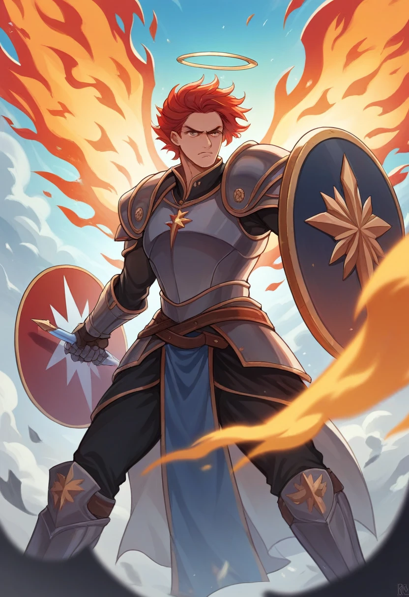 A powerful scene with an armored angel wielding a flaming sword, about to strike a fallen demon. The angel has large, fiery wings and a round shield, surrounded by an inferno with flames and dark red skies. The background features lightning and abstract shapes with a dramatic, intense atmosphere. The focus should be on the epic battle between the angel and the demon, with an emphasis on fire and lightning effects. No text in the image. --ar 16:9 --no frame --v 6.0(((UHD 1.5))), (((8k))), (((high quality))), (((masterpiece:1.6))), (((retina:1.4))) , (((awarded:1.4)))