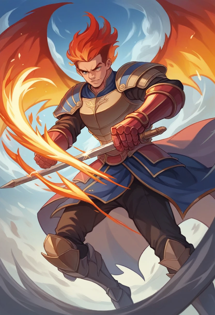A powerful scene with an armored angel wielding a flaming sword, about to strike a fallen demon. The angel has large, fiery wings and a round shield, surrounded by an inferno with flames and dark red skies. The background features lightning and abstract shapes with a dramatic, intense atmosphere. The focus should be on the epic battle between the angel and the demon, with an emphasis on fire and lightning effects. No text in the image. --ar 16:9 --no frame --v 6.0(((UHD 1.5))), (((8k))), (((high quality))), (((masterpiece:1.6))), (((retina:1.4))) , (((awarded:1.4)))
