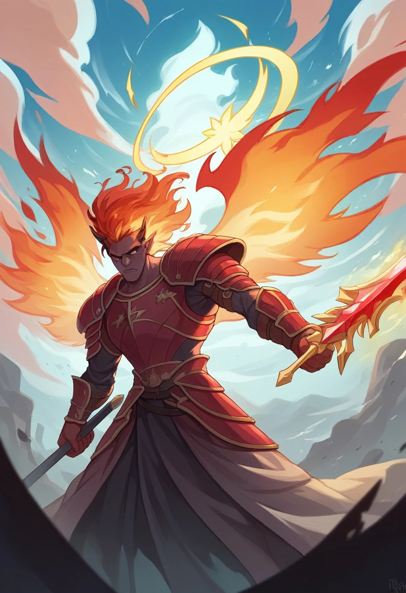 A powerful scene with an armored angel wielding a flaming sword, about to strike a fallen demon. The angel has large, fiery wings and a round shield, surrounded by an inferno with flames and dark red skies. The background features lightning and abstract shapes with a dramatic, intense atmosphere. The focus should be on the epic battle between the angel and the demon, with an emphasis on fire and lightning effects. No text in the image. --ar 16:9 --no frame --v 6.0(((UHD 1.5))), (((8k))), (((high quality))), (((masterpiece:1.6))), (((retina:1.4))) , (((awarded:1.4)))
