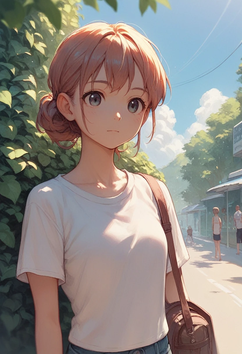 anime girl, casual clothing, cute, summer, outdoors, concept, close up, body shot,