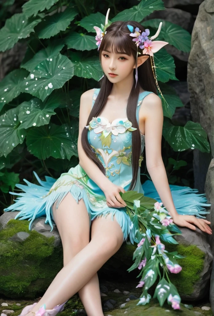 beautiful Japanese elf, (elf ears)perfect and angelic face, long hair, (decorated with flowers) fringe, full body, holding a fan, wearing a beautiful short tight dress made of leaves,she's sitting on stone surrounded by sparkling flowers (high quality),(refined details)