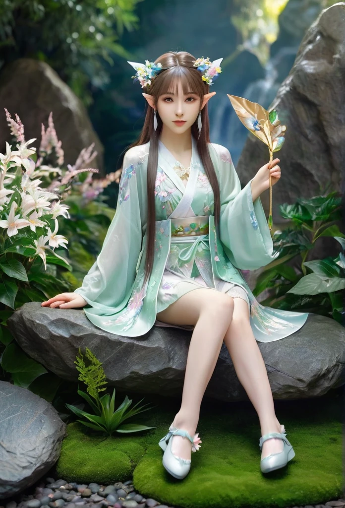 beautiful Japanese elf, (elf ears)perfect and angelic face, long hair, (decorated with flowers) fringe, full body, holding a fan, wearing a beautiful short tight dress made of leaves,she's sitting on stone surrounded by sparkling flowers (high quality),(refined details)