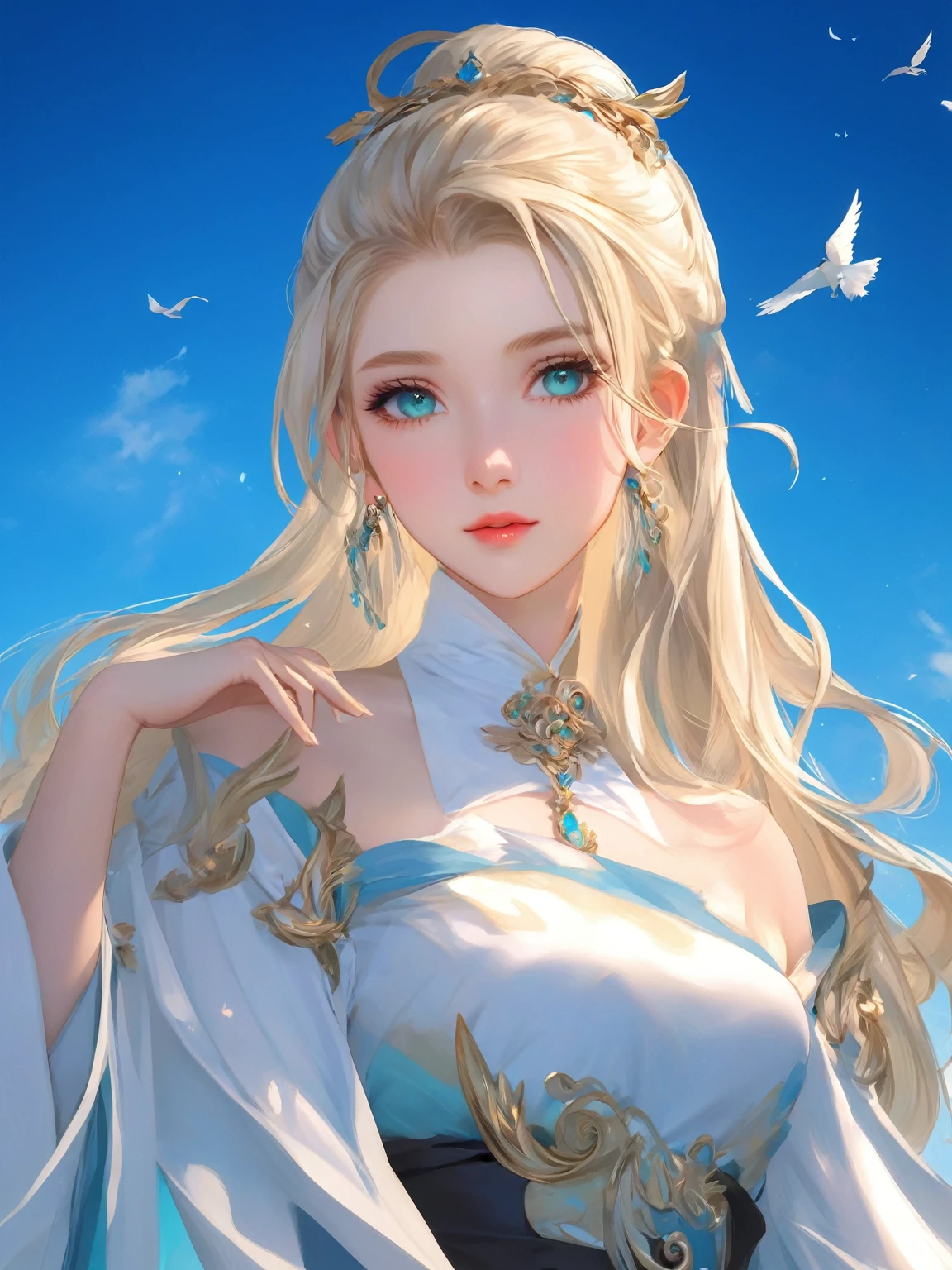 Anime girl with long blonde hair and dark turquoise eyes in a white dress, Trending on cgstation, artwork in the style of Gwaiz, Gwaiz, Smooth anime CG art, Detailed digital anime art, Anime Goddess, Fantasy art style, palace , Girl in Hanfu, Beautiful young wind spirit, Beautiful Anime Girls, ! Dream Art Germ, Beautiful anime portraits